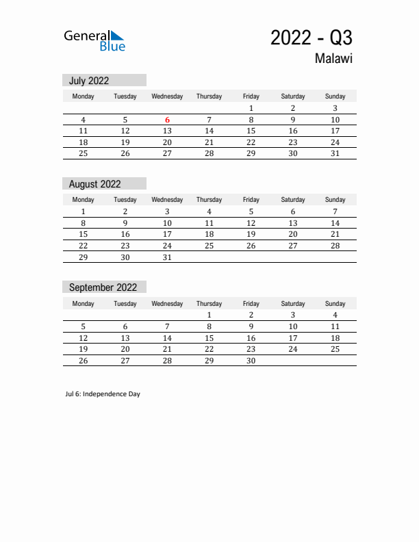 Malawi Quarter 3 2022 Calendar with Holidays