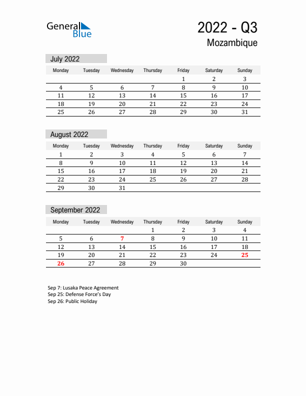 Mozambique Quarter 3 2022 Calendar with Holidays