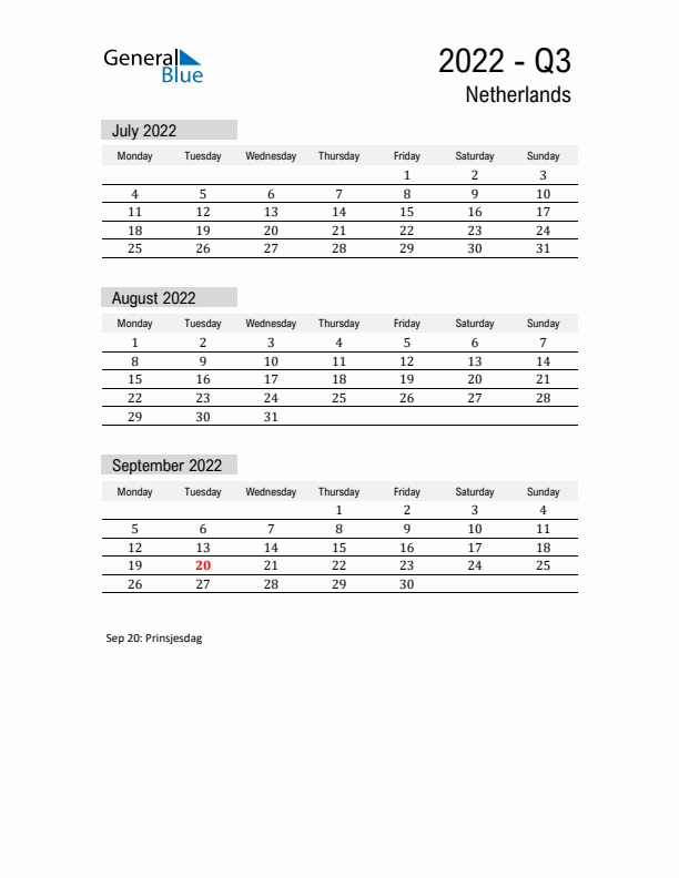 The Netherlands Quarter 3 2022 Calendar with Holidays