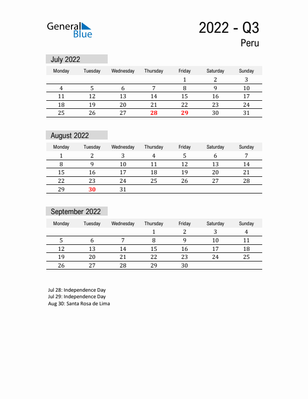 Peru Quarter 3 2022 Calendar with Holidays