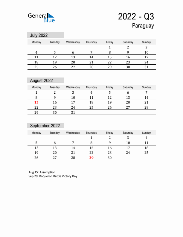 Paraguay Quarter 3 2022 Calendar with Holidays