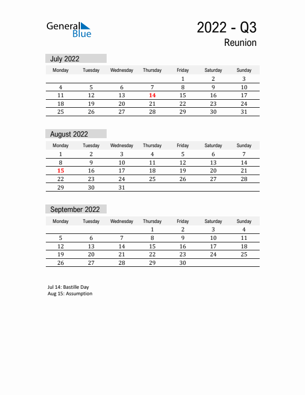 Reunion Quarter 3 2022 Calendar with Holidays