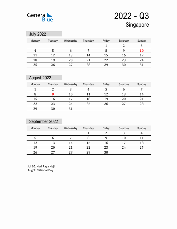 Singapore Quarter 3 2022 Calendar with Holidays