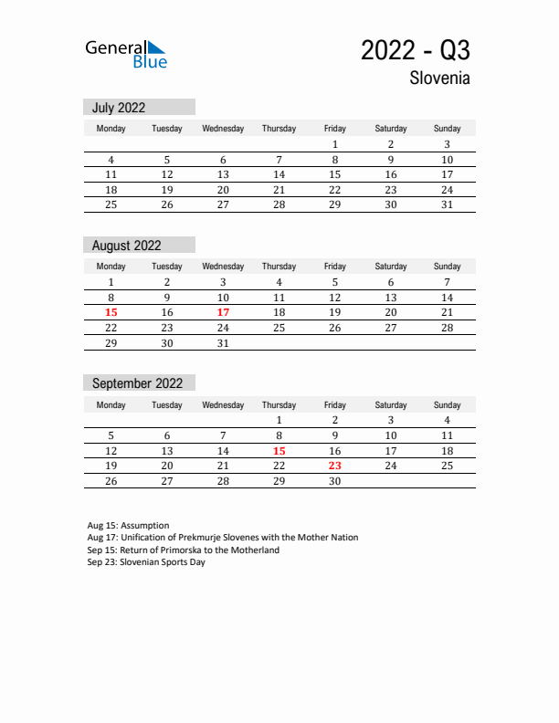 Slovenia Quarter 3 2022 Calendar with Holidays