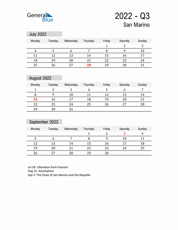 San Marino Quarter 3 2022 Calendar with Holidays