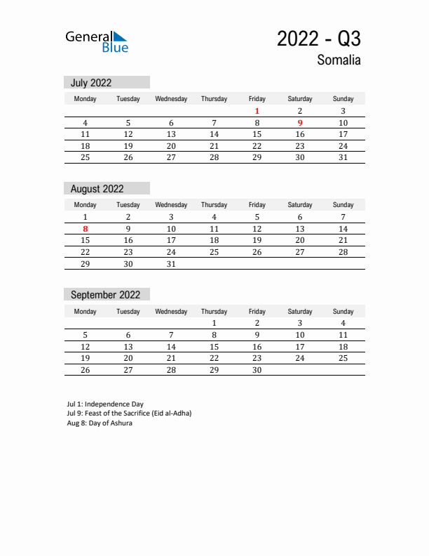 Somalia Quarter 3 2022 Calendar with Holidays