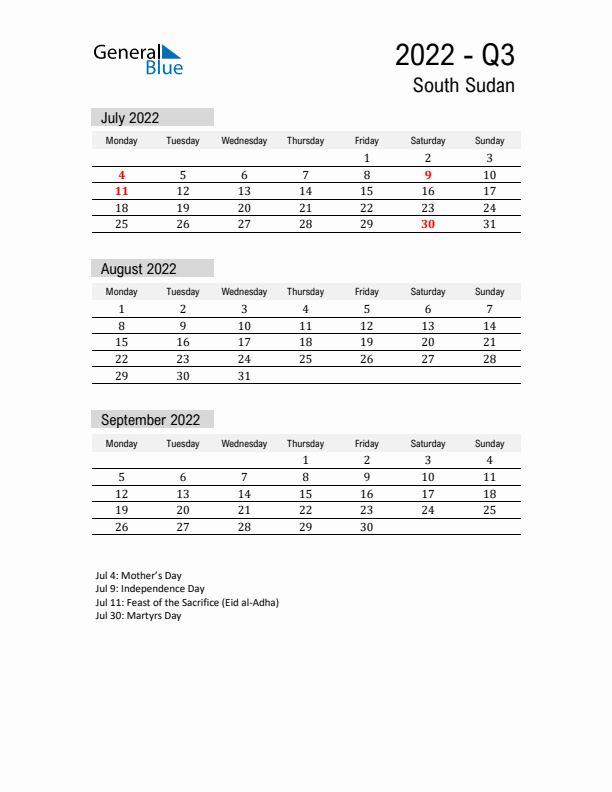 South Sudan Quarter 3 2022 Calendar with Holidays