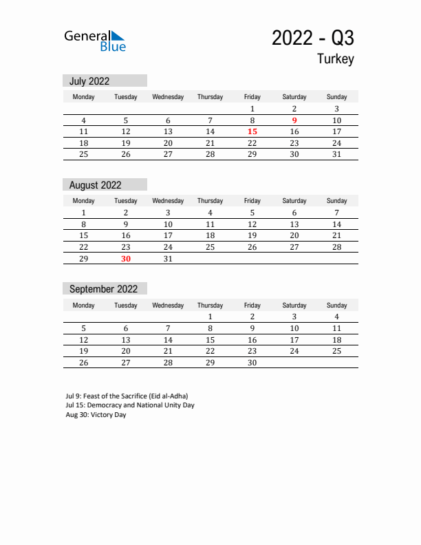 Turkey Quarter 3 2022 Calendar with Holidays