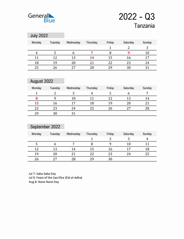 Tanzania Quarter 3 2022 Calendar with Holidays