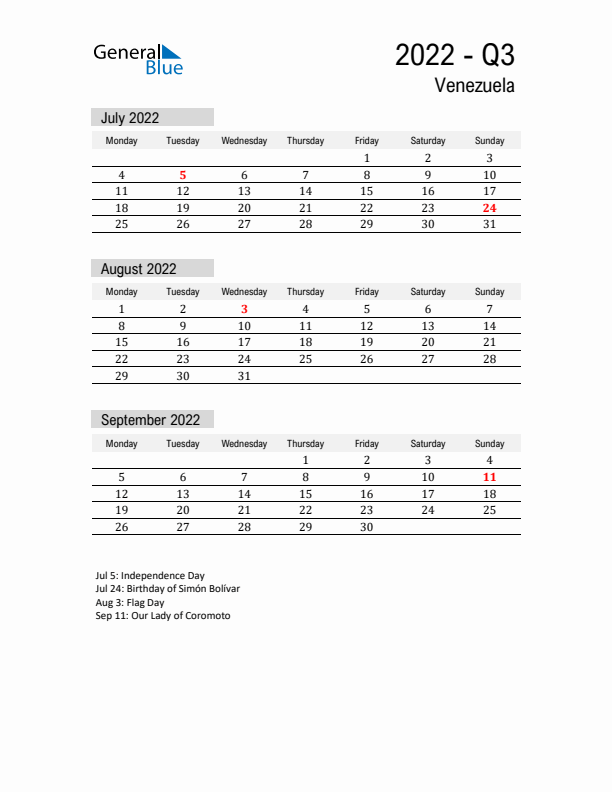 Venezuela Quarter 3 2022 Calendar with Holidays