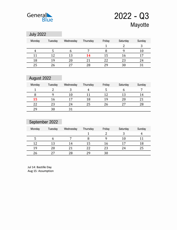 Mayotte Quarter 3 2022 Calendar with Holidays