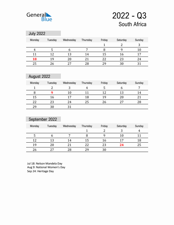 South Africa Quarter 3 2022 Calendar with Holidays