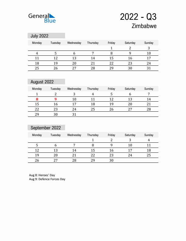 Zimbabwe Quarter 3 2022 Calendar with Holidays