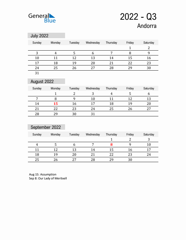 Andorra Quarter 3 2022 Calendar with Holidays