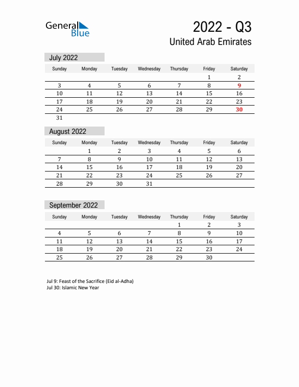 United Arab Emirates Quarter 3 2022 Calendar with Holidays