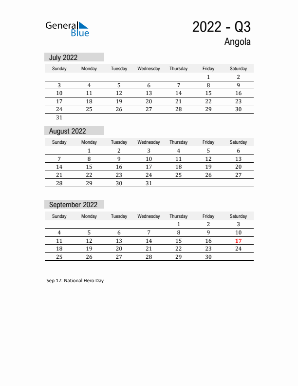 Angola Quarter 3 2022 Calendar with Holidays