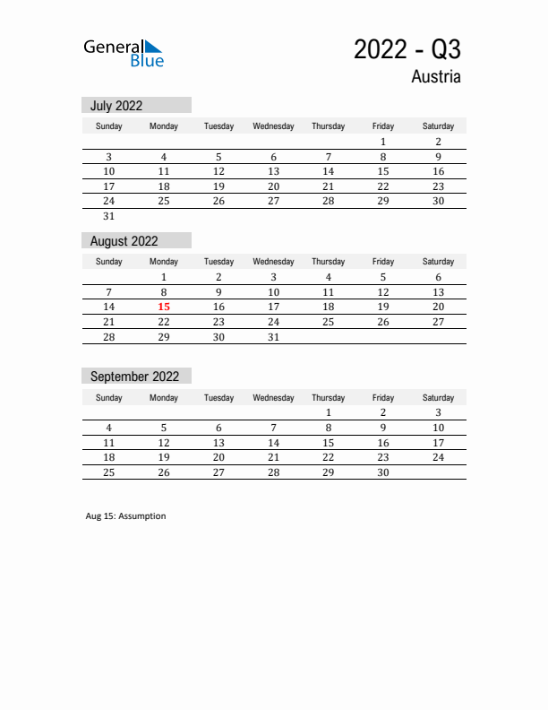 Austria Quarter 3 2022 Calendar with Holidays