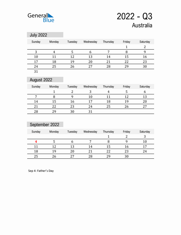 Australia Quarter 3 2022 Calendar with Holidays