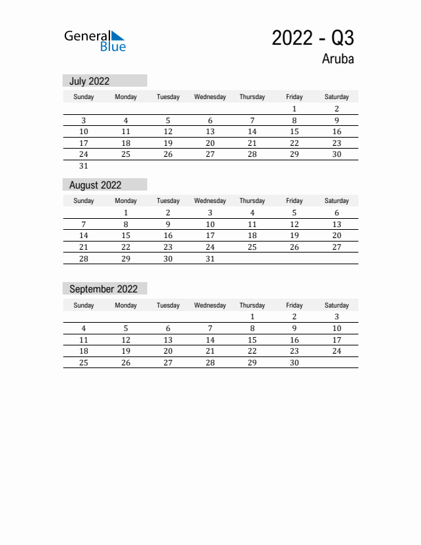 Aruba Quarter 3 2022 Calendar with Holidays