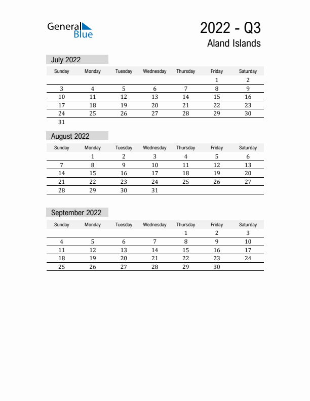 Aland Islands Quarter 3 2022 Calendar with Holidays