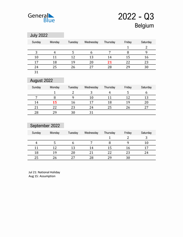 Belgium Quarter 3 2022 Calendar with Holidays