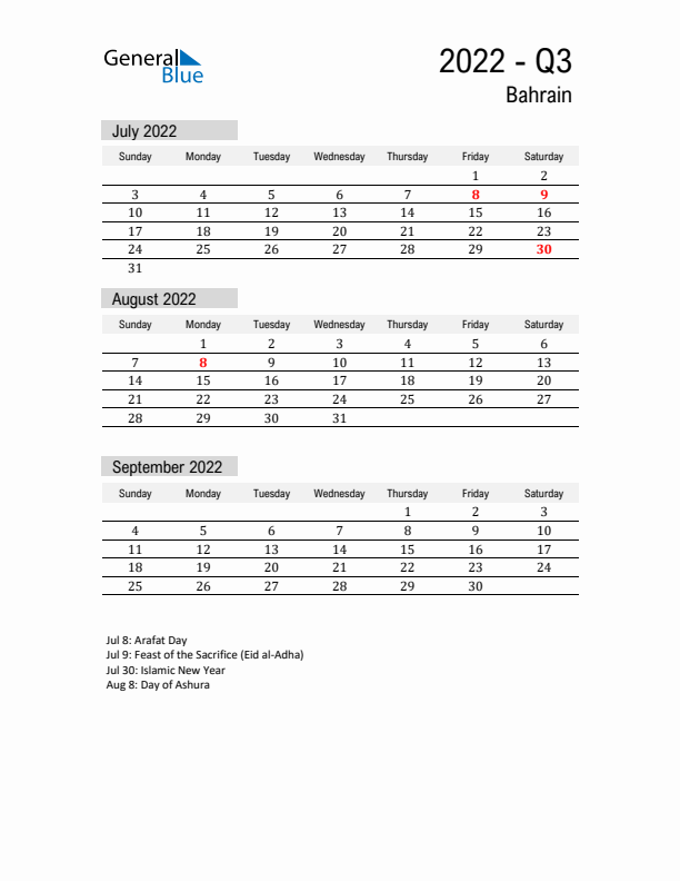 Bahrain Quarter 3 2022 Calendar with Holidays