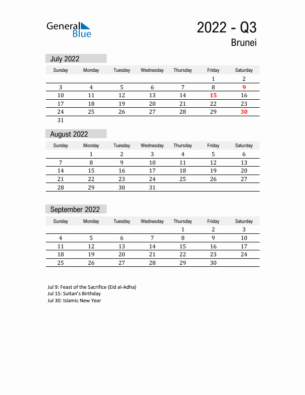 Brunei Quarter 3 2022 Calendar with Holidays