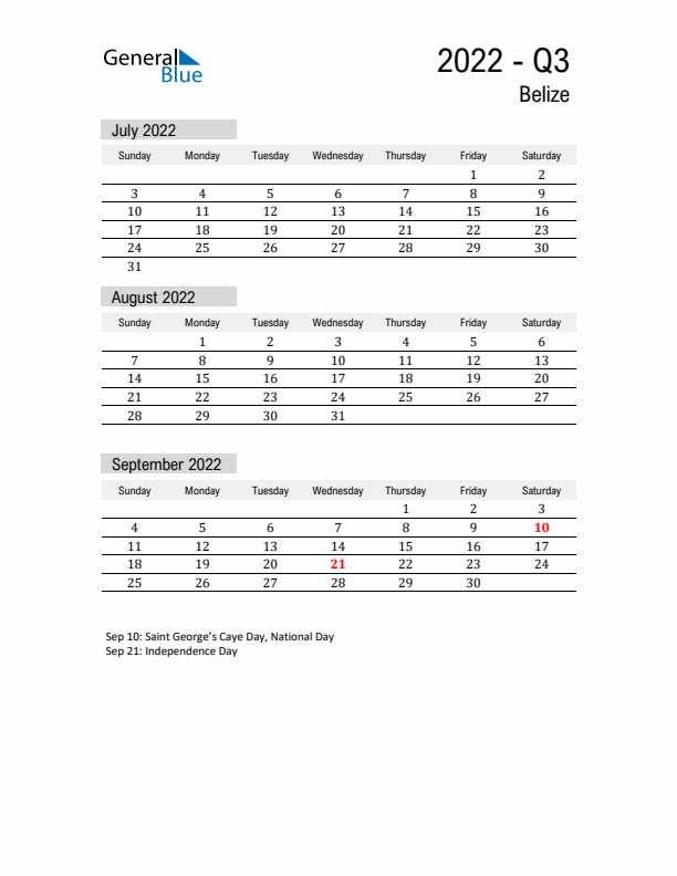 Belize Quarter 3 2022 Calendar with Holidays