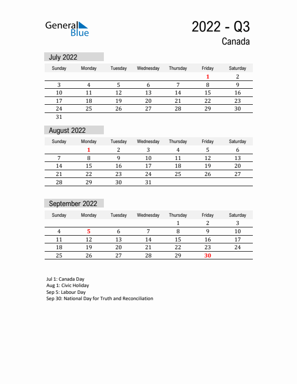 Canada Quarter 3 2022 Calendar with Holidays