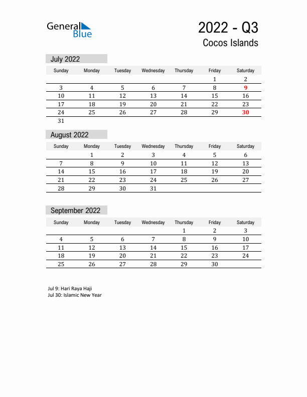 Cocos Islands Quarter 3 2022 Calendar with Holidays