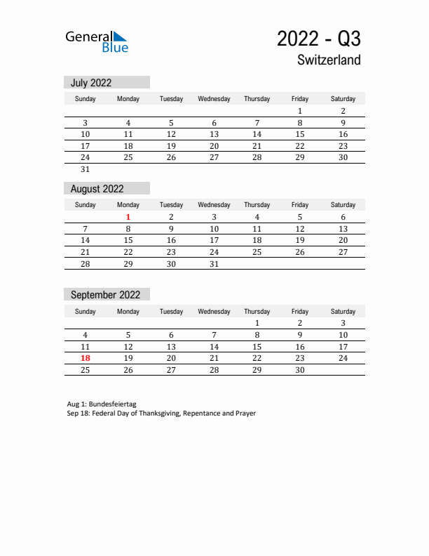 Switzerland Quarter 3 2022 Calendar with Holidays