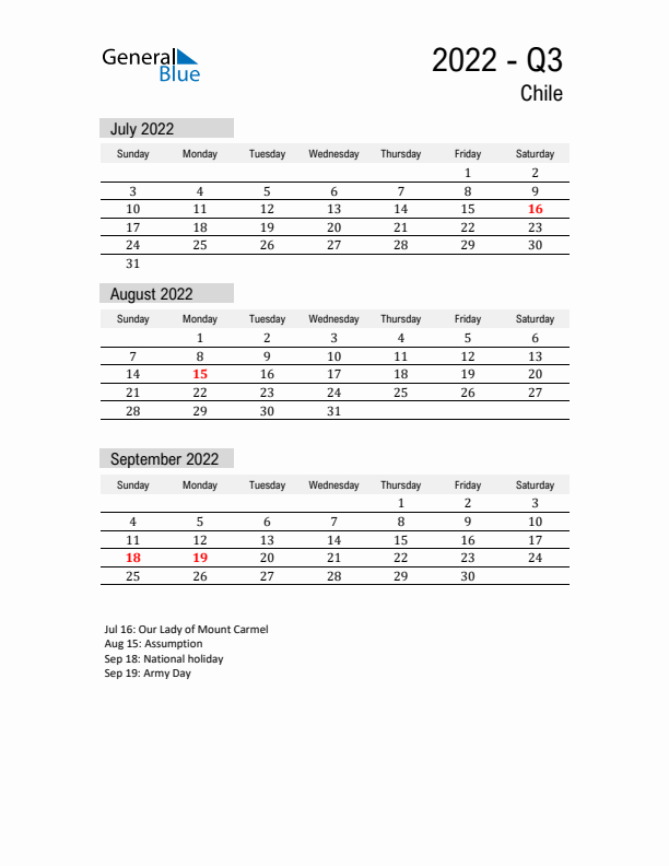 Chile Quarter 3 2022 Calendar with Holidays