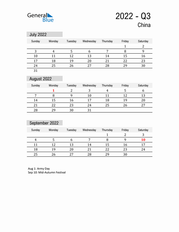 China Quarter 3 2022 Calendar with Holidays