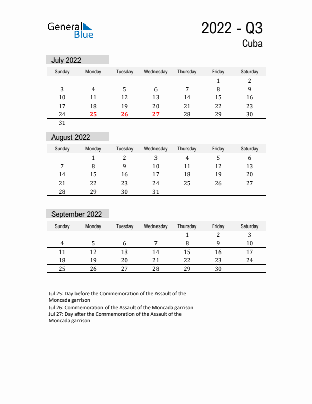 Cuba Quarter 3 2022 Calendar with Holidays