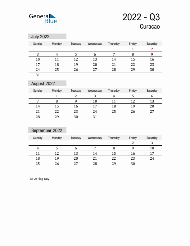 Curacao Quarter 3 2022 Calendar with Holidays