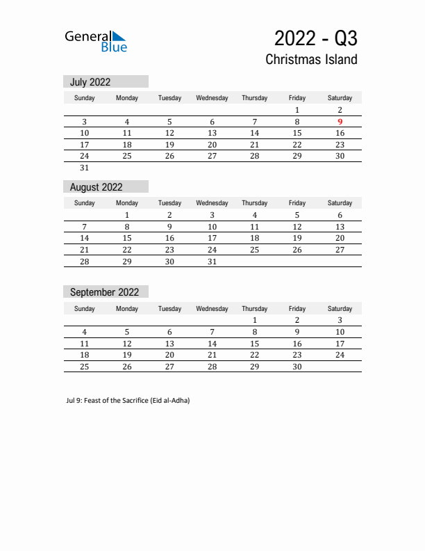 Christmas Island Quarter 3 2022 Calendar with Holidays