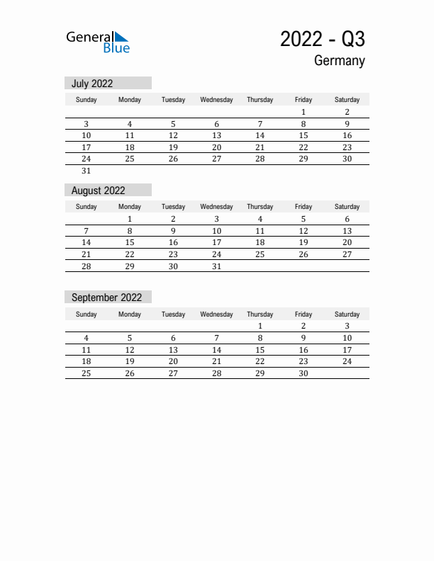 Germany Quarter 3 2022 Calendar with Holidays