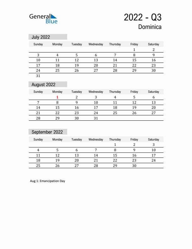 Dominica Quarter 3 2022 Calendar with Holidays