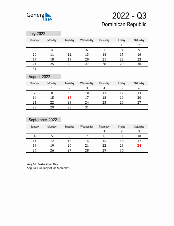 Dominican Republic Quarter 3 2022 Calendar with Holidays