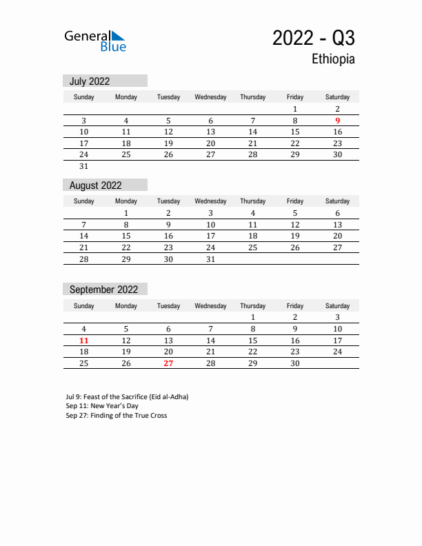 Ethiopia Quarter 3 2022 Calendar with Holidays