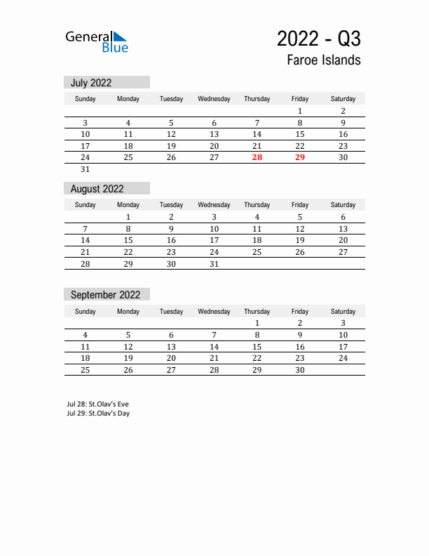 Faroe Islands Quarter 3 2022 Calendar with Holidays