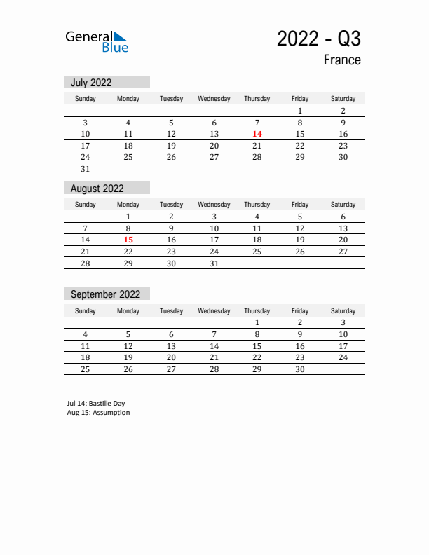 France Quarter 3 2022 Calendar with Holidays