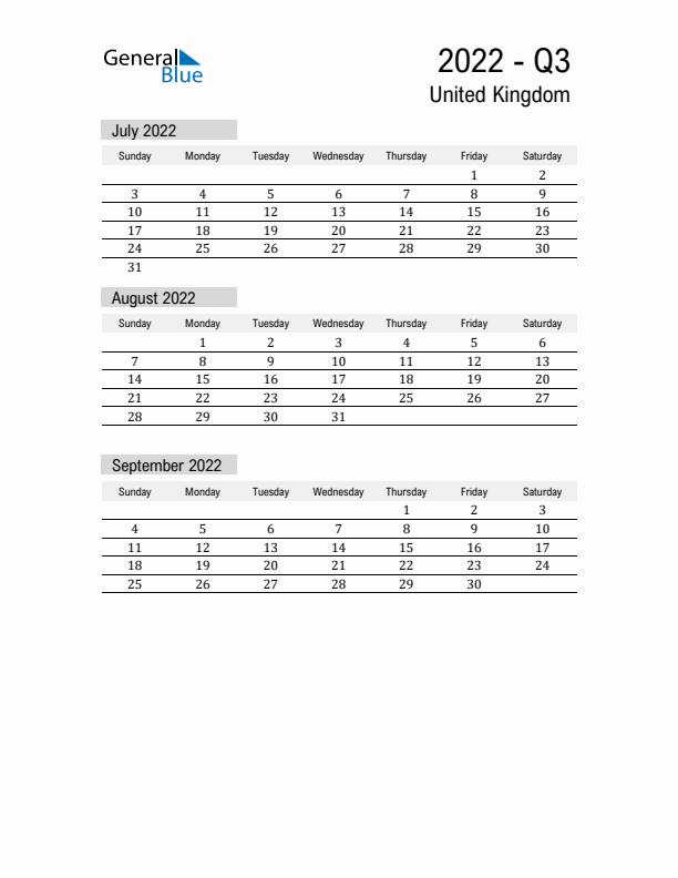 United Kingdom Quarter 3 2022 Calendar with Holidays