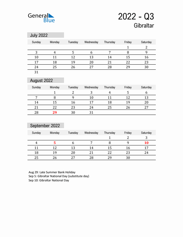 Gibraltar Quarter 3 2022 Calendar with Holidays