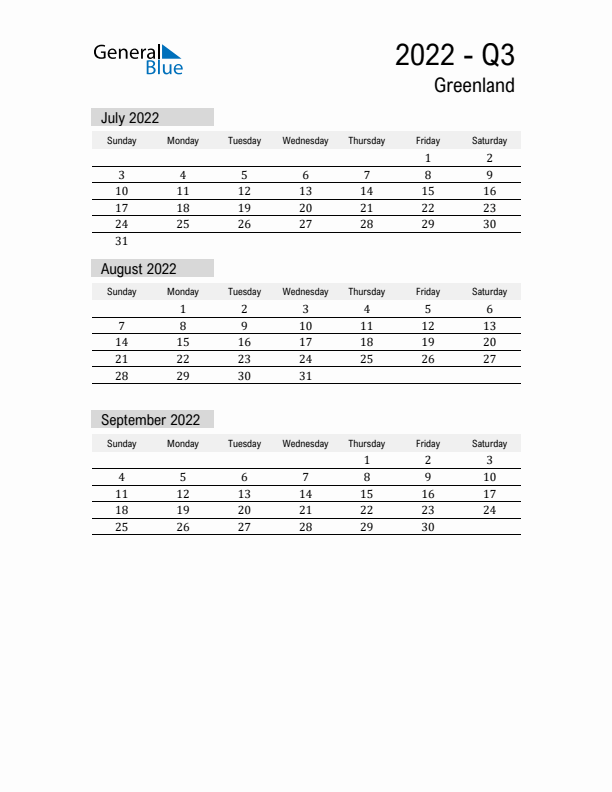 Greenland Quarter 3 2022 Calendar with Holidays