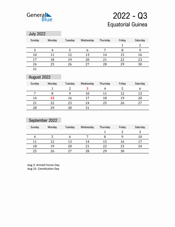 Equatorial Guinea Quarter 3 2022 Calendar with Holidays