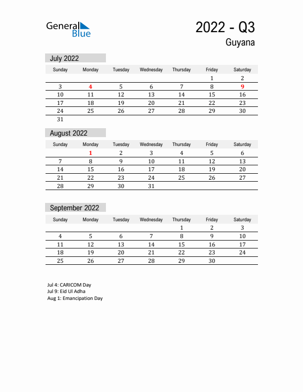 Guyana Quarter 3 2022 Calendar with Holidays