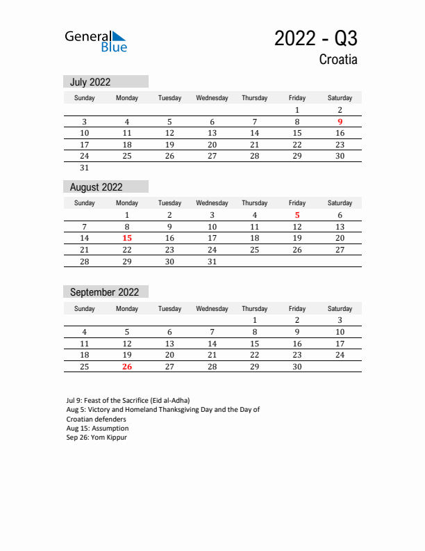 Croatia Quarter 3 2022 Calendar with Holidays