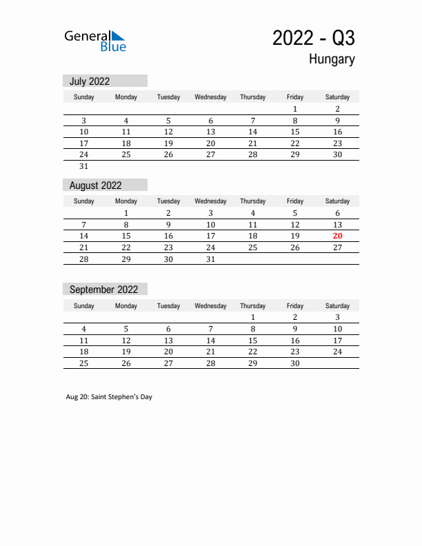 Hungary Quarter 3 2022 Calendar with Holidays