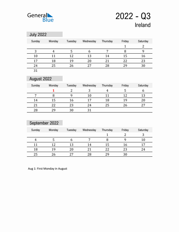 Ireland Quarter 3 2022 Calendar with Holidays